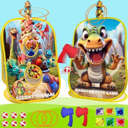 4-in-1 Dinosaur Toddlers Outdoor Activities Toss Games, Birthday Christmas Party Gifts for Boys 3 4 5 Year Olds, Backyard Outside Kids Fruit Bean Bags Axes Rings Sticky Balls Throwing Toys